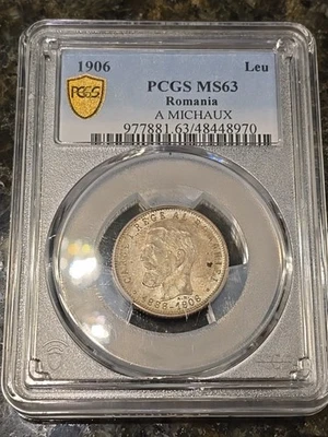 Romania 1906 1 Leu 40th Anniversary of Reign Carol I PCGS MS63 A MICHAUX Toned - Image 1 of 4