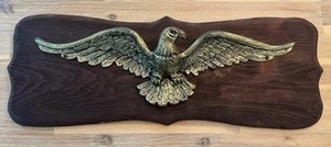 Vintage Brass Eagle Gilt Wall Cast Hanging 19”Wingspan On Dark Wood 21” - Picture 1 of 17