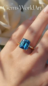 3 Ct Emerald Cut Blue Color Diamond Lab Grown Gold Ring GemsWorldArt - Picture 1 of 4