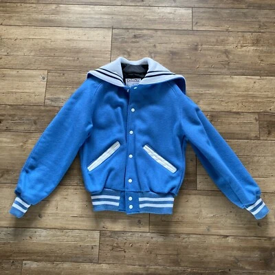 DeLONG Light Blue Letterman Jacket  Snap Front  Wool Sleeves  Small  NEW - Image 1 of 4