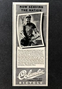 Publicidad de bicicleta Columbia 1942 Segunda Guerra Mundial bicicleta racionada foto impresión vintage AD - Imagen 1 de 2