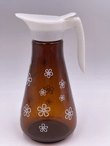 Vtg MCM Syrup Dispenser Pitcher Amber Glass White Flowers Daisy Thatcher Glass - Picture 1 of 11