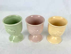 3 Hallmark Pastel Egg Cups for Easter Bunny Ceramic Bunnies Yellow Green Pink - Picture 1 of 10