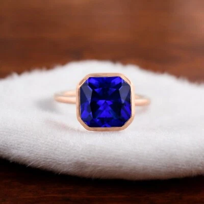 Anillo solitario aniversario zafiro natural corte princesa oro macizo 14k regalo Foto 1 de 4