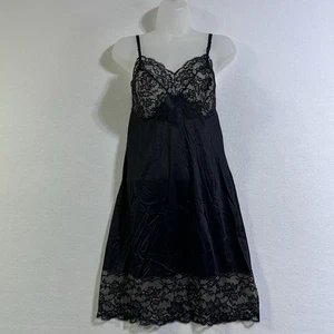 Vtg 60s Hollywood VASSARETTE Munsingwear Black Antron Nylon Slip Dress Lace S 36 - Picture 1 of 10