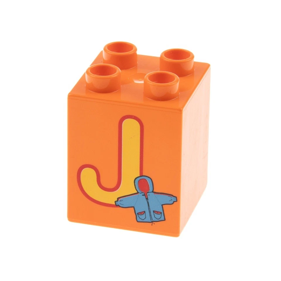 1x Lego Duplo Motiv Bau Stein 2x2x2 orange bedruckt Buchstabe J Jacke 31110pb123 - Bild 1 von 1