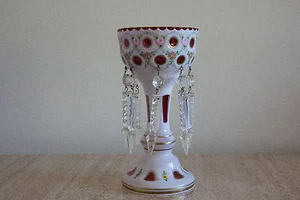 1850 -1899 Original Antik Böhmisch Blumen Glanz Weiß Überfang Schliff zu Rubin Cas - Bild 1 von 3