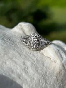 10 KT Weißgold Birnenform runde Diamanten Verlobungsring Ehering Größe 6,5 - Bild 1 von 10