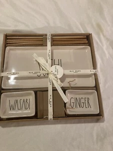Rae Dunn sushi wasabi and ginger trays set with chopsticks Ceramic And Wood. New - Picture 1 of 8