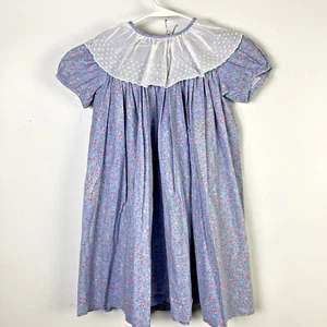 Pique New Orleans dress girl 6 vintage blue calico floral ss float white collar - Picture 1 of 8