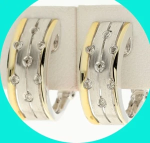 Natural Diamond Etruscan Style J Hoop Earrings  14K Multi Tone Gold 5/8” Long - Picture 1 of 7