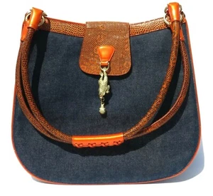 KIESELSTEIN CORD Schultertasche blau Denim orange Lack Reptil Frosch Marienkäfer Vintage - Bild 1 von 12