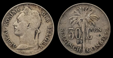 1925 Belgian Congo 50 Centimes Coin, King Albert I, Laureate Head & Palm Cover