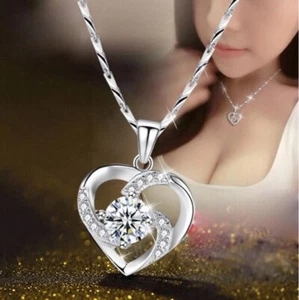 Damen Halskette Herz Zirkon Anhänger Frauen Schmuck Kette 925 Silber verstellbar - Bild 1 von 3