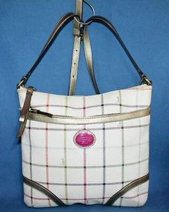 COACH Peyton Tattersal Plaid File Messenger Bag F20005 Cream PVC Gold Leather - Picture 1 of 9