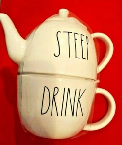 Rae Dunn Teapot STEEP & DRINK Mug Set Stackable🎁❤️ LL RARE HTF New w/tag - Picture 1 of 11