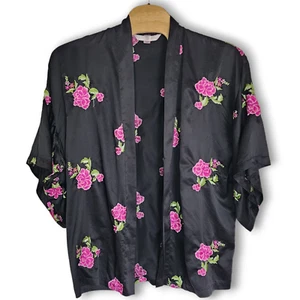 Victoria's Secret OS Black Silky Kimono sleeve embroidered rayon roses vtg 03 - Picture 1 of 7