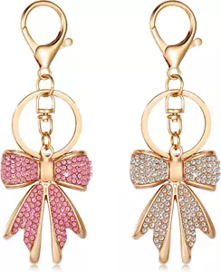 2 Pcs Cute Bow Keychain for Women, Sparkly Pink Rhinestone Bow Bag Charm Shiny G - Picture 1 of 12