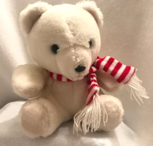 Teddy Bear Christmas White Plush Stuffed Soft Red White Stripped Scarf 9" - Picture 1 of 4