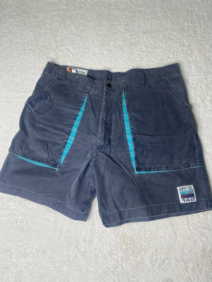 Bermuda masculina retrô Newport azul vintage barco anos 90 desgaste marinho tamanho 38 cargo - Imagem 1 de 4