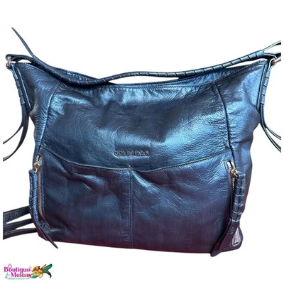 Cole Haan Black/Blue Metallic Leather Hobo Shoulder Bag Slouchy Zip Pockets - Image 1 of 4