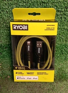 Ryobi AC0i4USBAL 4'ft Nylon Cable USB-A to Lightning Cable, MFi Certified - NEW - Picture 1 of 5