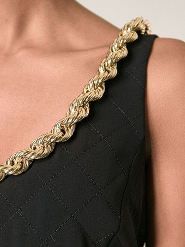 Abito foderato MOSCHINO COUTURE Nero Trapuntato Catena Oro Italiano IT 44 USA 10 Nuovo con Etichette