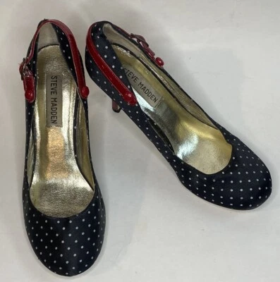 Steve Madden “LUVVY” WN Pumps SZ 6M Black W/ White Dots 3” Red Patent Heel - Image 1 of 4