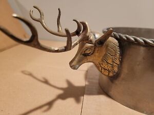 Vintage Brass Stag Bowl with Deer Buck Stag Head Antlers Handles