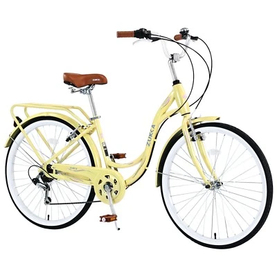 Bicicleta para mujer 26 pulgadas Shimano 7 velocidades Beach Cruiser Bicicleta de cercanías, amarilla Foto 1 de 4