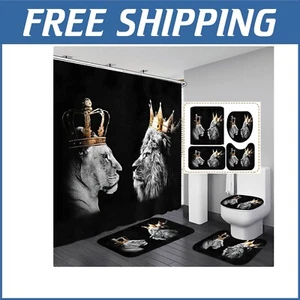 Crown Lion Tiger Shower Curtain Set with Rug & Lid Cover - Modern Bathroom Style - Picture 1 of 8