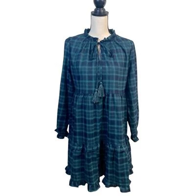 全新带标签 Jodifl 绿色海军蓝手表格子长袖荷叶边娃娃连衣裙 M — 第 1/4 张图片
