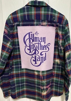 Custom Distressed Flannel Shirt w/ALLMAN BROTHERS BAND tee on back Mens L - Image 1 of 4