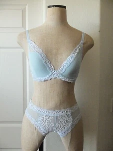 Natori FEATHERS Baby Blue White Lace UW Contour Plunge Bra 32D & Hipster S - Picture 1 of 8