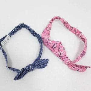 Baby Gap Set 2 Baby Girl Headband Bows Pink Handkerchief Blue Denim 100% Cotton - Picture 1 of 4