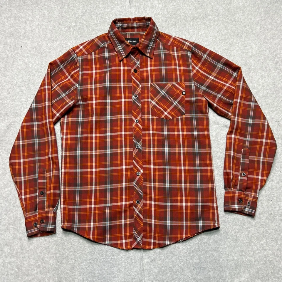 Marmot Shirt Mens Small Red Orange Plaid Button Up Polyester Wool Blend Outdoor - Image 1 of 4