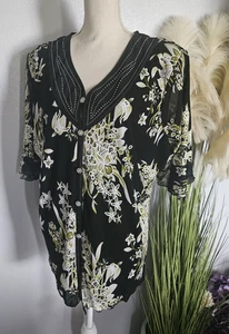 Neu ohne Etikett Damenbluse Termine Übergröße 2XL gefüttert Blumenmuster Knopfleiste Strass - Bild 1 von 8