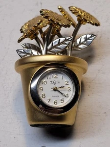 Vintage Elgin Quartz Mini Flower Pot Desk Clock Gold And Silver Tone - Picture 1 of 5