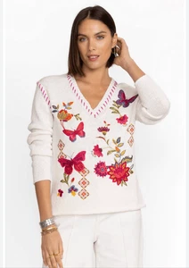 Johnny Was Damen Pullover Large Whipstitch V-Ausschnitt bestickt Blumen Schmetterling - Bild 1 von 10