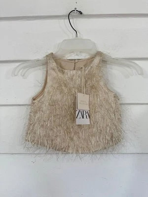 New ZARA Kids Girls Feather Sleeveless top blouse gold Size 6 Years Y556B - Image 1 of 4