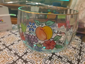 Vintage rumänische Kristallschale geprägt handbemalt Obst; 24k GOLDRAND 9x5" - Bild 1 von 7