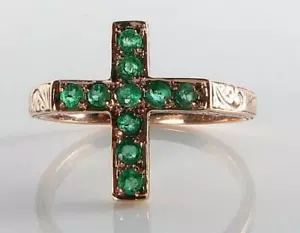 9K 9CT ROSE GOLD COLOMBIAN EMERALD ART DECO INS CROSS CRUCIFIX RELIGIOUS RING  - Picture 1 of 5