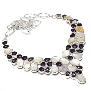 Mother Of Pearl, Amethyst Gemstone Handmade 925 Sterling Silver Jewelry Necklace - Picture 1 of 6