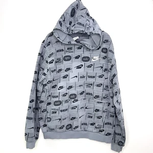 Nike Boys XL Gray Hoodie Pullover Allover Logo Print Black Athletic Sweatshirt - Picture 1 of 8