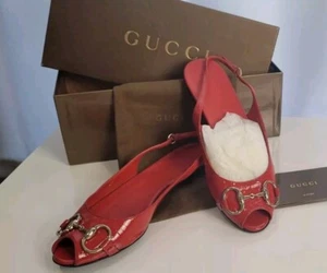 Gucci Red Slingback Flats With BOX Bust Bag Sz 8.5 Italy - Picture 1 of 10