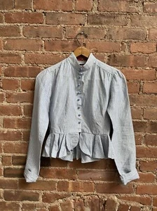Vintage Rugby Ralph Lauren Women's Blouse Sz 2 White Blue Stripe Cotton/Linen - Picture 1 of 8