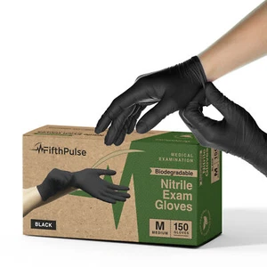 FifthPulse Biodegrad. Disposable Nitrile MedicalExam Gloves 3mm Med 150 Ct Black - Picture 1 of 11