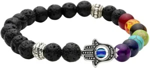 7 Chakras Gemstone Evil Eye Bracelet w/ Lava Stone Essential Oil Diffuser Beads - Picture 1 of 7