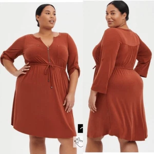 TORRID Rust Zip Front Long Sleeve Challis Shirt Dress-2X NWT - Picture 1 of 10
