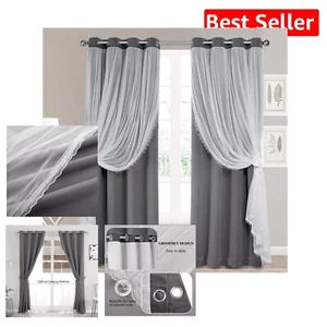 Versatile 96 In Dark Grey Blackout Curtains & Sheer Voile for All Rooms, 2 Count - Picture 1 of 11